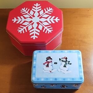 2 Metal Tins Winter Holiday Ready Gift Decor Snowflake Snowman Red White Blue